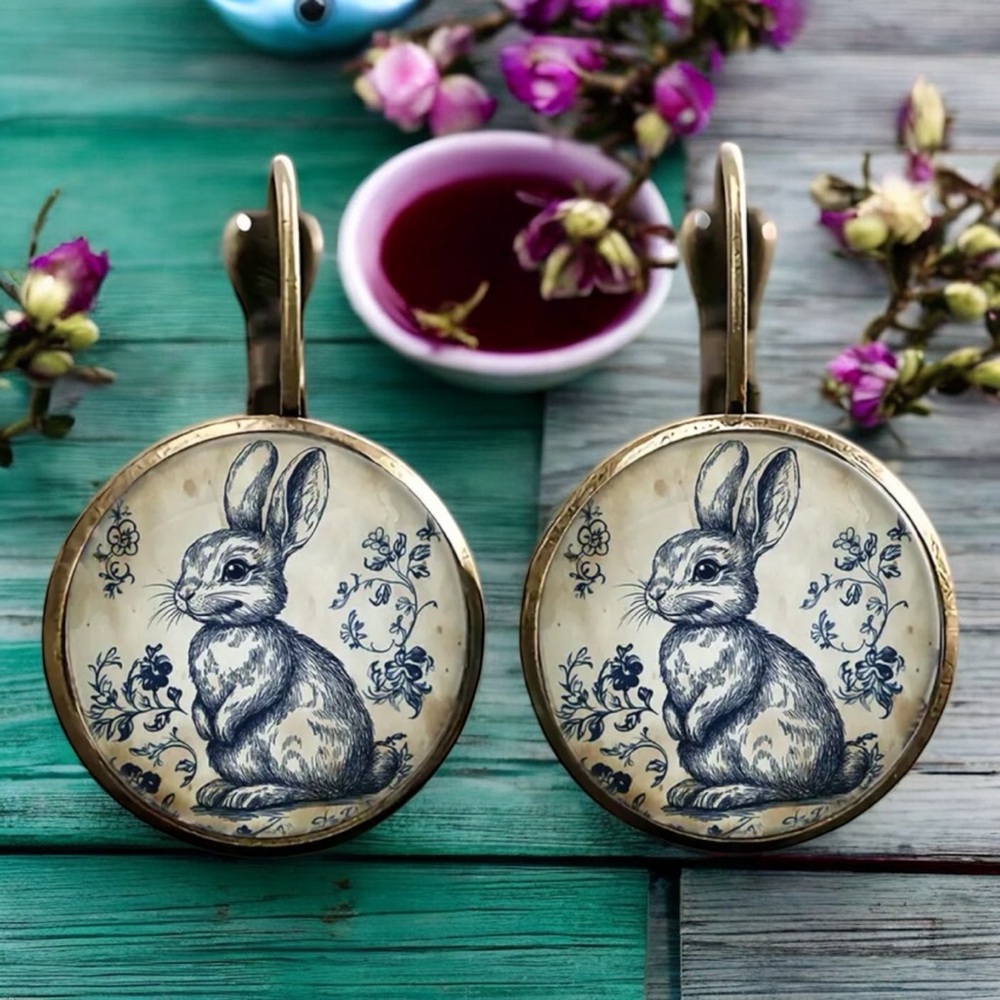 🆕 Vintage Bunny Illustration Earrings - Lever Back -  Down the Rabbit Hole 🐰
